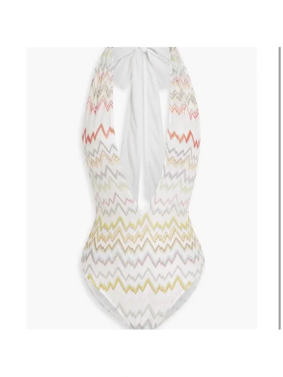 Missoni White Multi Zigzag Halter Plunge One-Piece Swimsuit - Picture 3 of 6